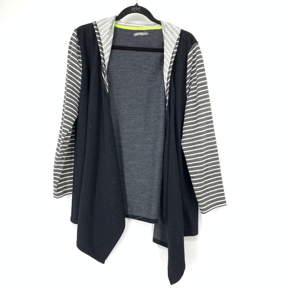 Three Hearts Women's L Open Waterfall Front Sweatshirt Black Gray Striped